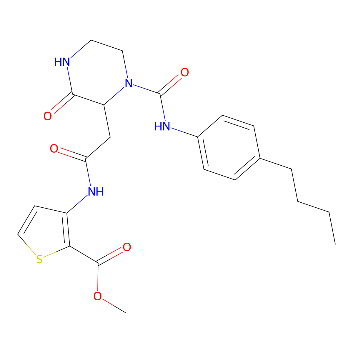 Methyl 3-(2-(1-((4-butylphenyl)carbamoyl)-3-oxopiperazin-2-yl)acetamido)thiophene-2-carboxylate molecular structure, CAS 705286-61-9
