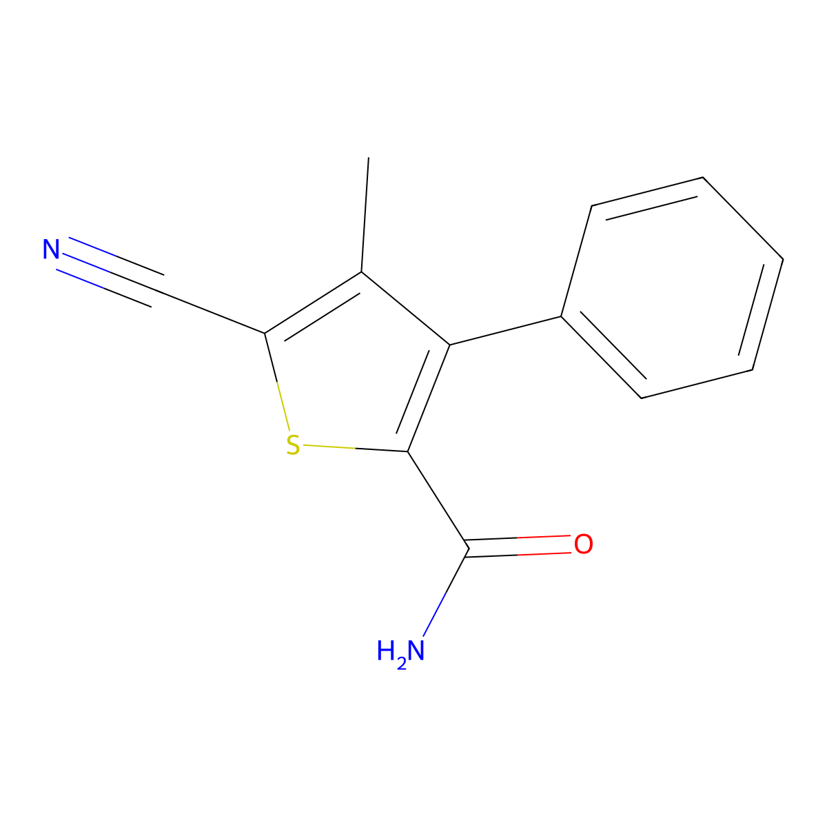 5-Cyano-4-methyl-3-phenylthiophene-2-carboxamide molecular structure, CAS 70541-99-0