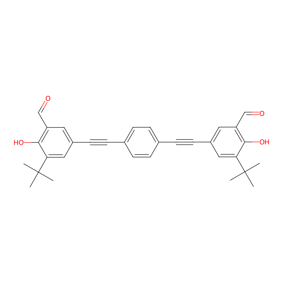 5,5'-(1,4-Phenylenebis(ethyne-2,1-diyl))bis(3-(tert-butyl)-2-hydroxybenzaldehyde) molecular structure, CAS 705930-82-1