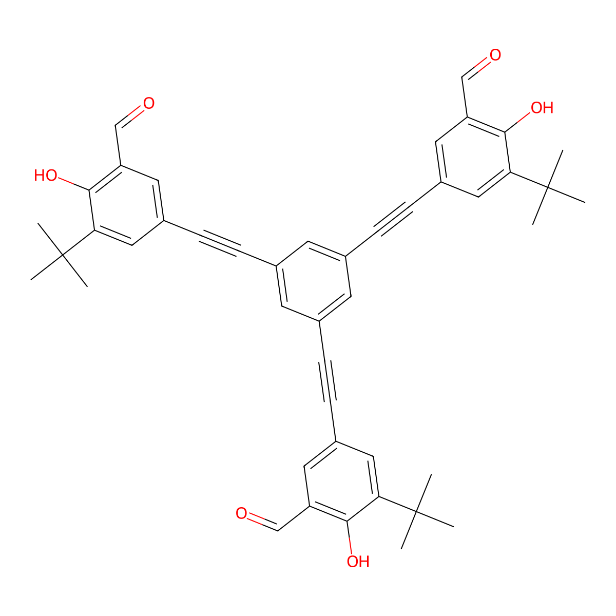 5,5',5''-(Benzene-1,3,5-triyltris(ethyne-2,1-diyl))tris(3-(tert-butyl)-2-hydroxybenzaldehyde) molecular structure, CAS 705930-83-2