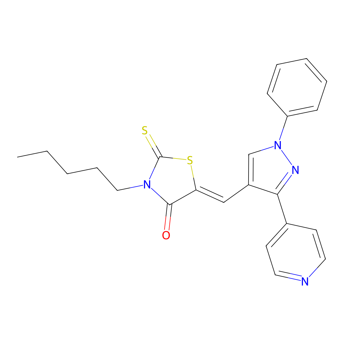 3-Pentyl-5-{[1-phenyl-3-(pyridin-4-yl)-1H-pyrazol-4-yl]methylidene}-2-sulfanylidene-1,3-thiazolidin-4-one molecular structure, CAS 7061-37-2