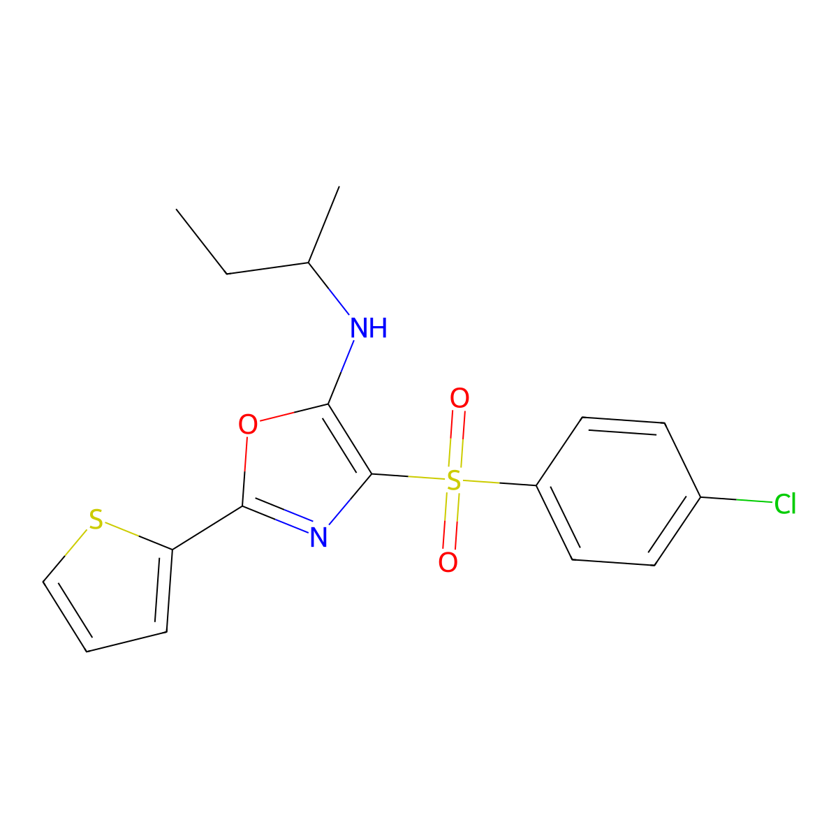 N-butan-2-yl-4-(4-chlorophenyl)sulfonyl-2-thiophen-2-yl-1,3-oxazol-5-amine molecular structure, CAS 7065-45-4