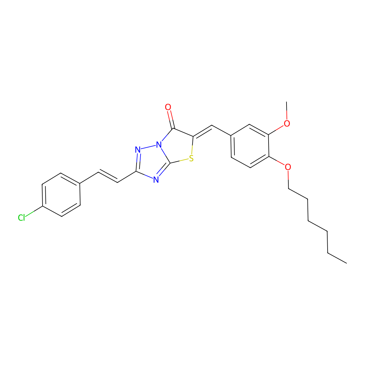 2-[2-(4-Chlorophenyl)ethenyl]-5-{[4-(hexyloxy)-3-methoxyphenyl]methylidene}[1,3]thiazolo[3,2-b][1,2,4]triazol-6(5H)-one molecular structure, CAS 7066-68-4