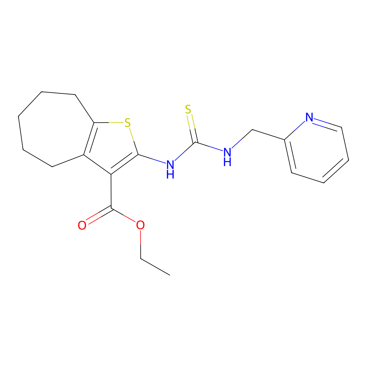 ethyl 2-{[(pyridin-2-ylmethyl)carbamothioyl]amino}-5,6,7,8-tetrahydro-4H-cyclohepta[b]thiophene-3-carboxylate molecular structure, CAS 706762-87-0