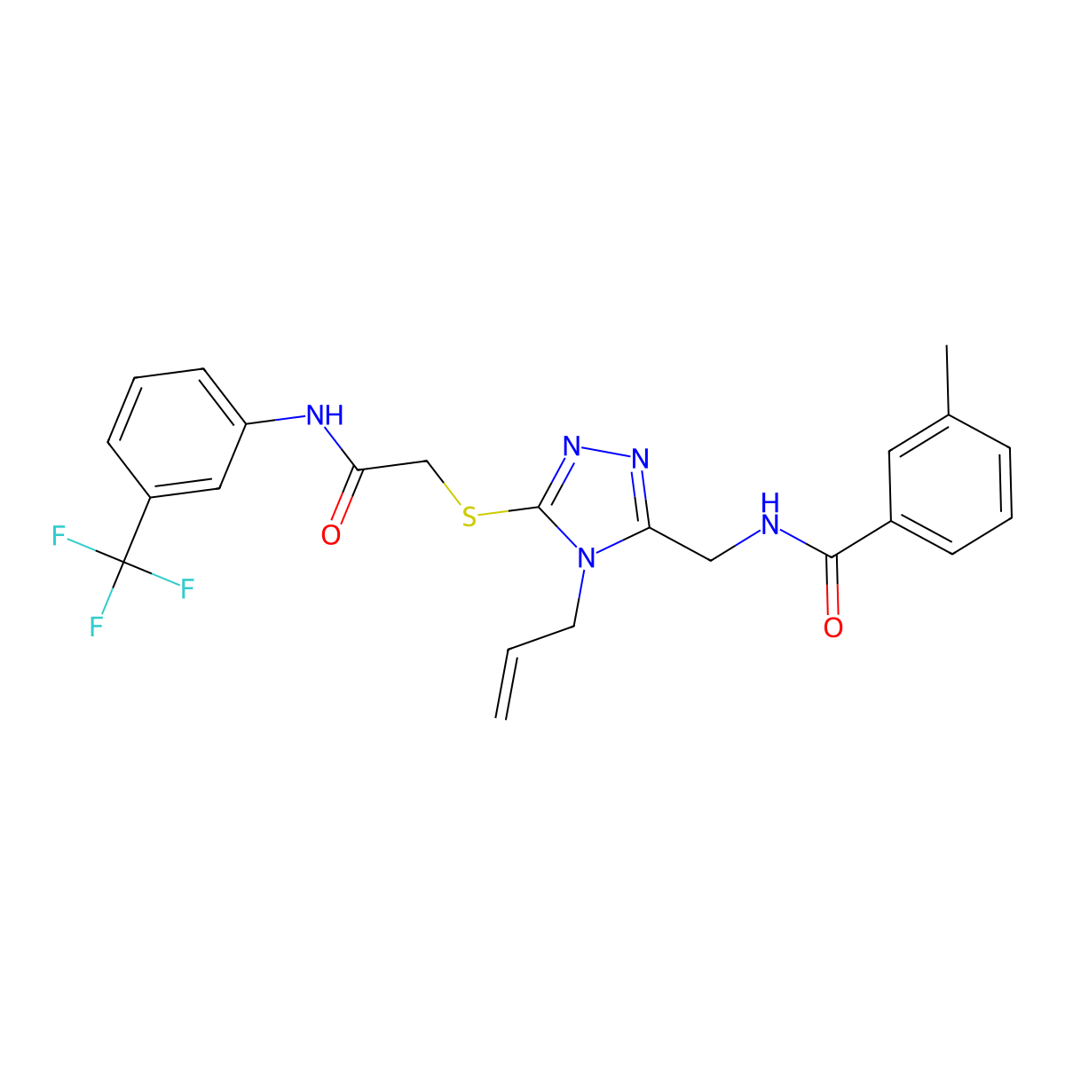 3-methyl-N-[[5-[2-oxo-2-[3-(trifluoromethyl)anilino]ethyl]sulfanyl-4-prop-2-enyl-1,2,4-triazol-3-yl]methyl]benzamide molecular structure, CAS 706767-83-1