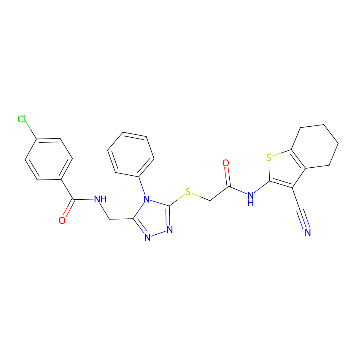 4-chloro-N-[[5-[2-[(3-cyano-4,5,6,7-tetrahydro-1-benzothiophen-2-yl)amino]-2-oxoethyl]sulfanyl-4-phenyl-1,2,4-triazol-3-yl]methyl]benzamide molecular structure, CAS 706768-05-0