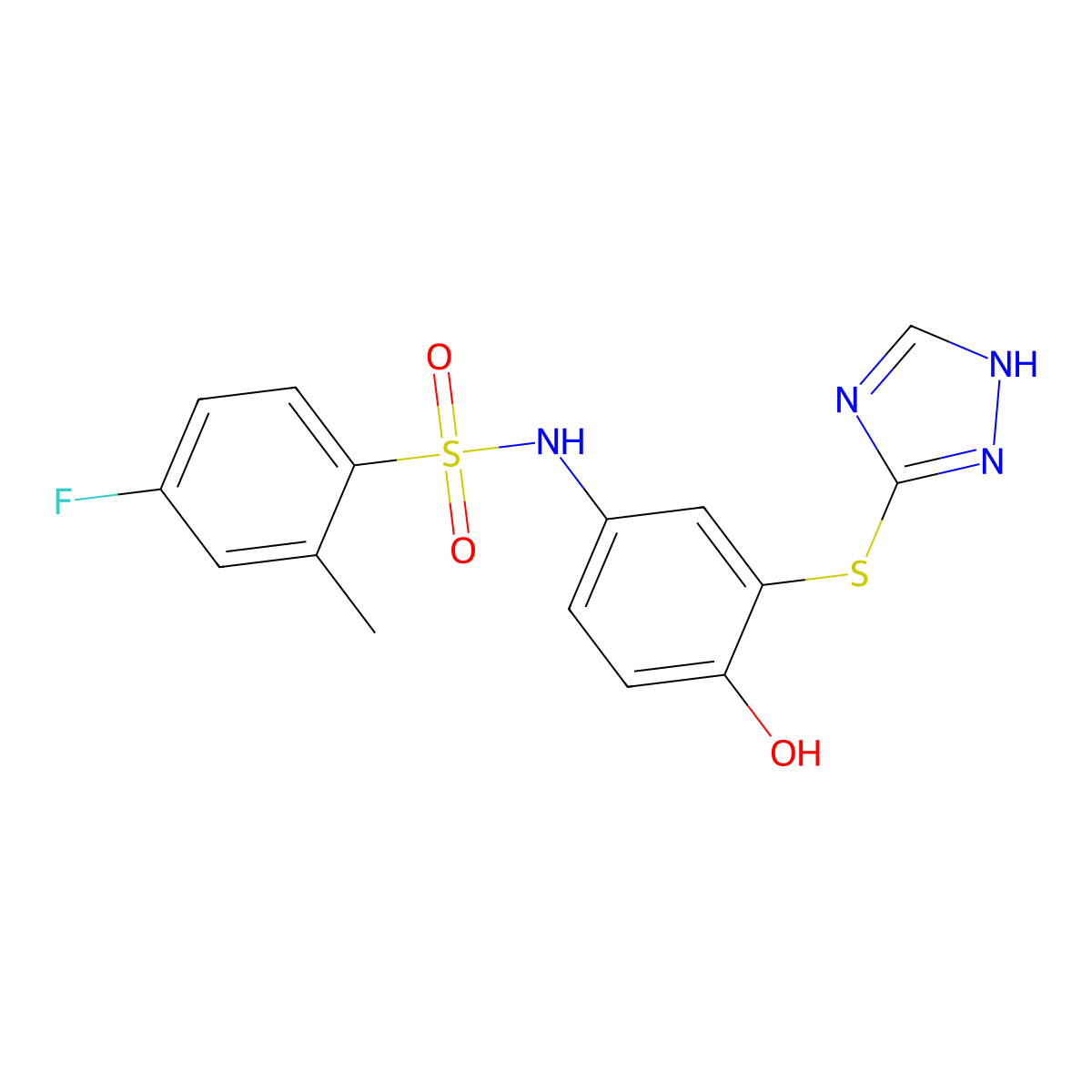 4-fluoro-N-[4-hydroxy-3-(1H-1,2,4-triazol-5-ylsulfanyl)phenyl]-2-methylbenzenesulfonamide molecular structure, CAS 706768-22-1