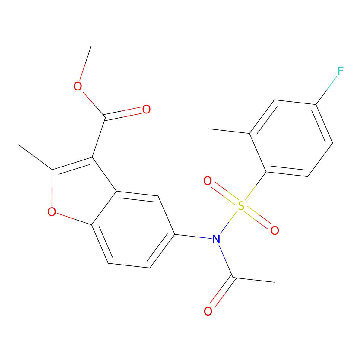 methyl 5-(N-((4-fluoro-2-methylphenyl)sulfonyl)acetamido)-2-methylbenzofuran-3-carboxylate molecular structure, CAS 706769-04-2