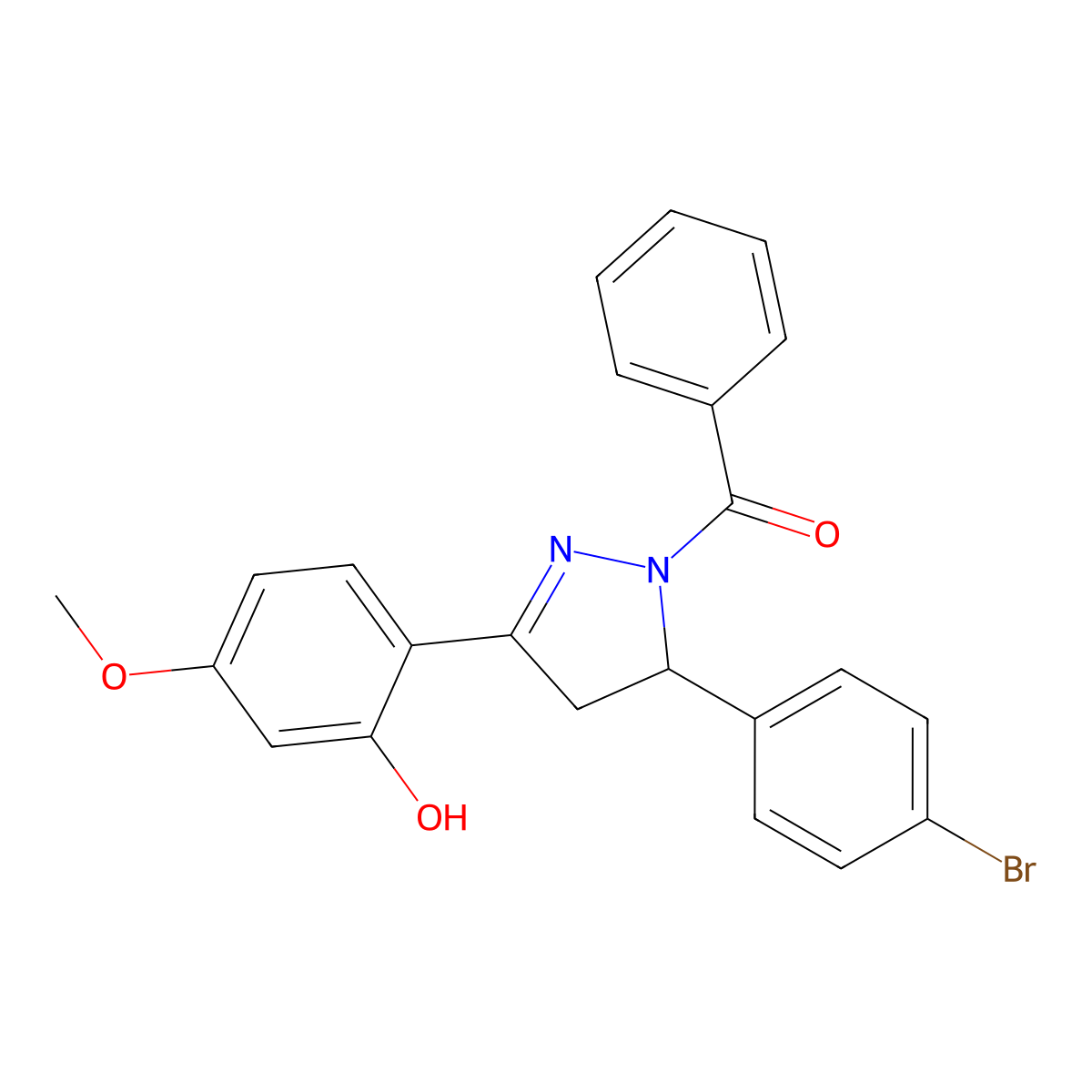 (5-(4-bromophenyl)-3-(2-hydroxy-4-methoxyphenyl)-4,5-dihydro-1H-pyrazol-1-yl)(phenyl)methanone molecular structure, CAS 706770-42-5