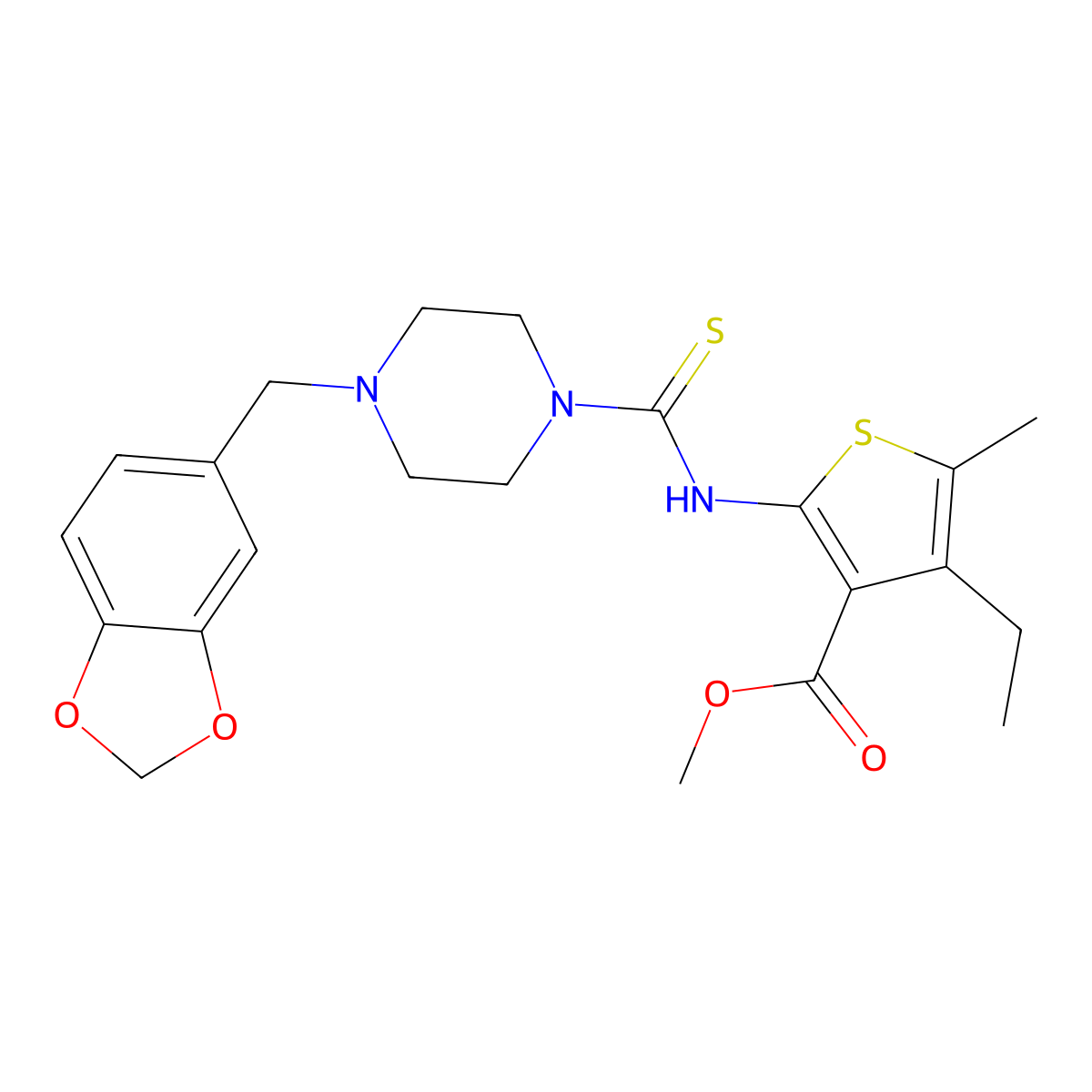 Methyl 2-({[4-(1,3-benzodioxol-5-ylmethyl)piperazin-1-yl]carbonothioyl}amino)-4-ethyl-5-methylthiophene-3-carboxylate molecular structure, CAS 706770-57-2
