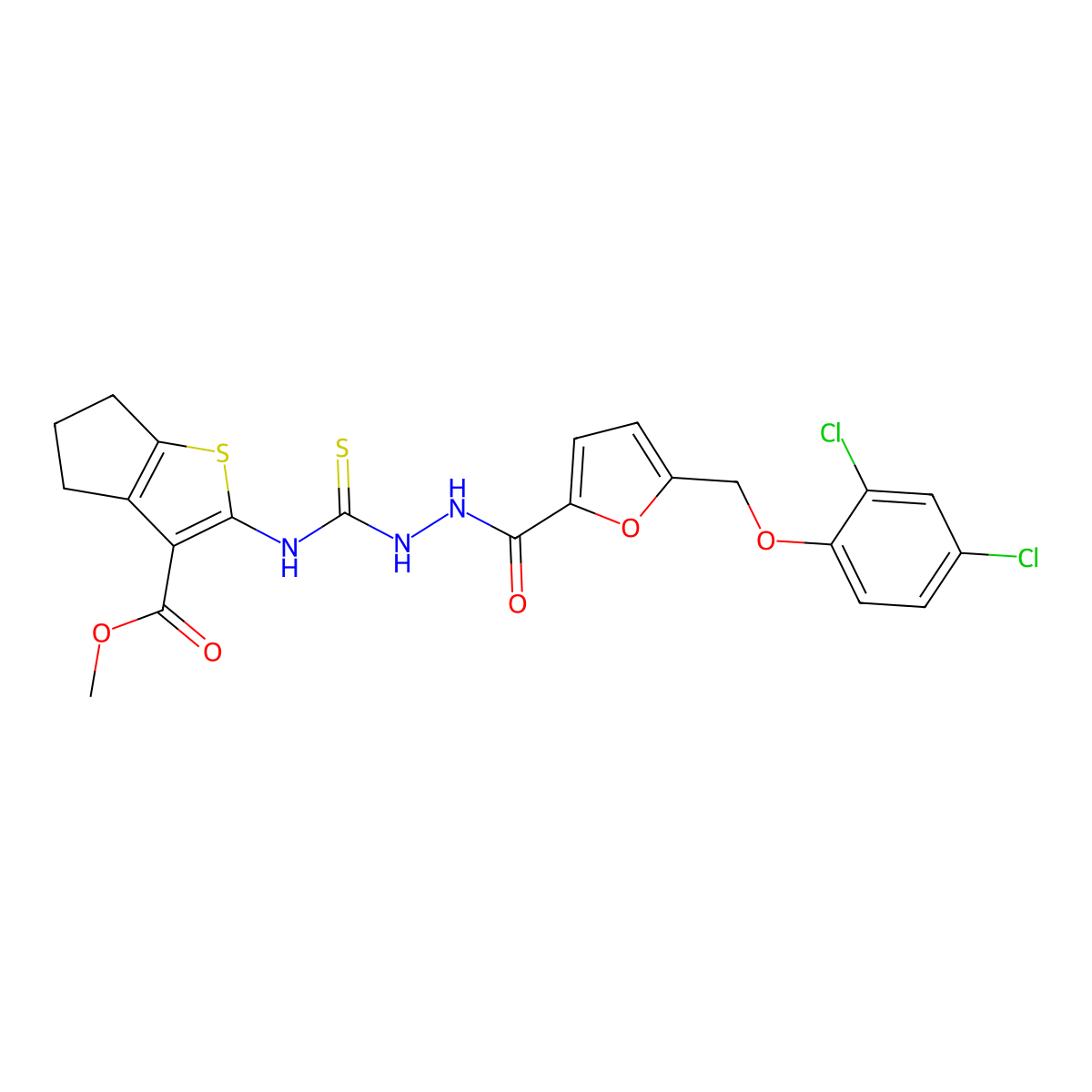 methyl 2-({[2-({5-[(2,4-dichlorophenoxy)methyl]furan-2-yl}carbonyl)hydrazinyl]carbonothioyl}amino)-5,6-dihydro-4H-cyclopenta[b]thiophene-3-carboxylate molecular structure, CAS 706770-93-6