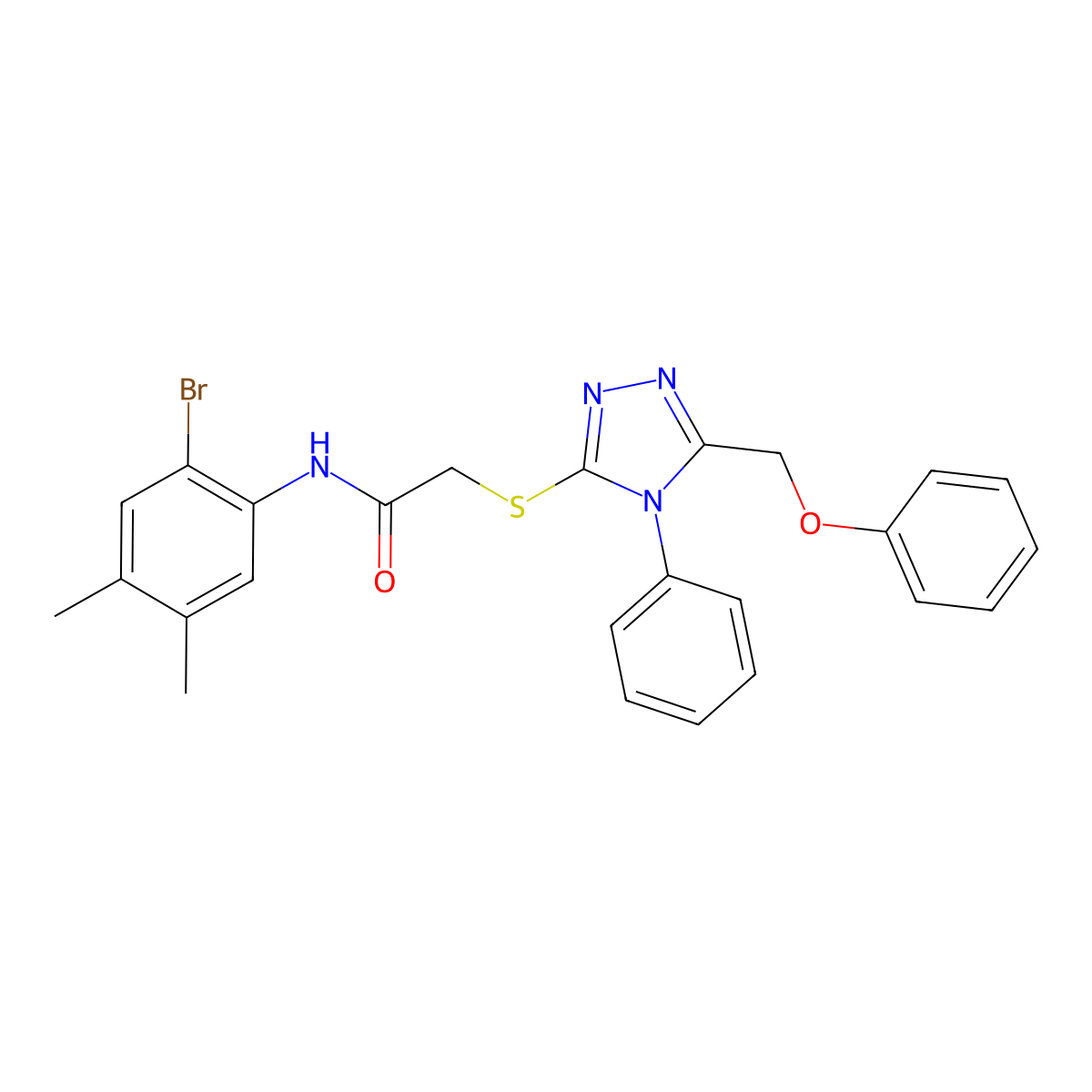 N-(2-bromo-4,5-dimethylphenyl)-2-[[5-(phenoxymethyl)-4-phenyl-1,2,4-triazol-3-yl]sulfanyl]acetamide molecular structure, CAS 706770-96-9