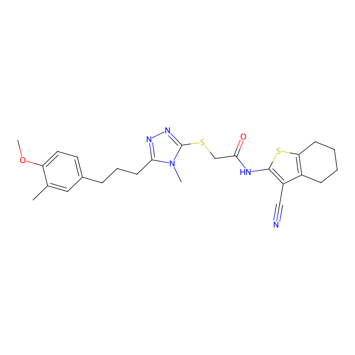 N-(3-cyano-4,5,6,7-tetrahydro-1-benzothiophen-2-yl)-2-[[5-[3-(4-methoxy-3-methylphenyl)propyl]-4-methyl-1,2,4-triazol-3-yl]sulfanyl]acetamide molecular structure, CAS 706772-02-3