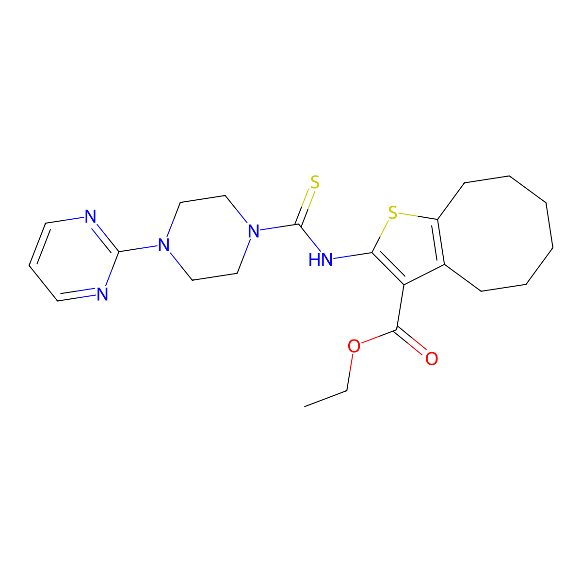 Ethyl 2-({[4-(pyrimidin-2-yl)piperazin-1-yl]carbonothioyl}amino)-4,5,6,7,8,9-hexahydrocycloocta[b]thiophene-3-carboxylate molecular structure, CAS 706772-23-8