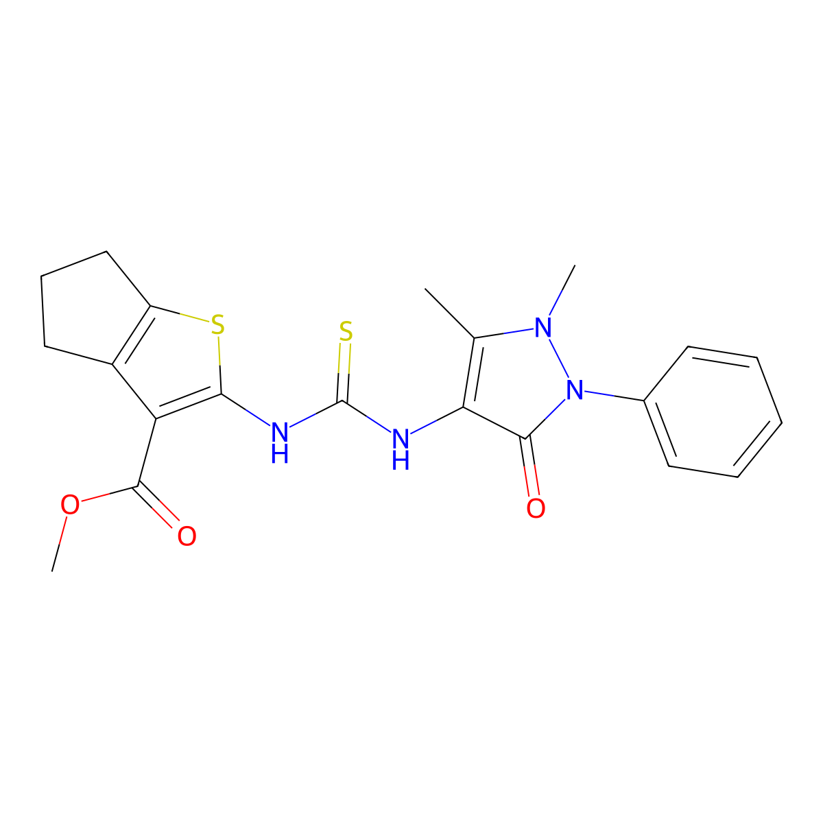 methyl 2-{[(1,5-dimethyl-3-oxo-2-phenyl-2,3-dihydro-1H-pyrazol-4-yl)carbamothioyl]amino}-5,6-dihydro-4H-cyclopenta[b]thiophene-3-carboxylate molecular structure, CAS 706773-40-2