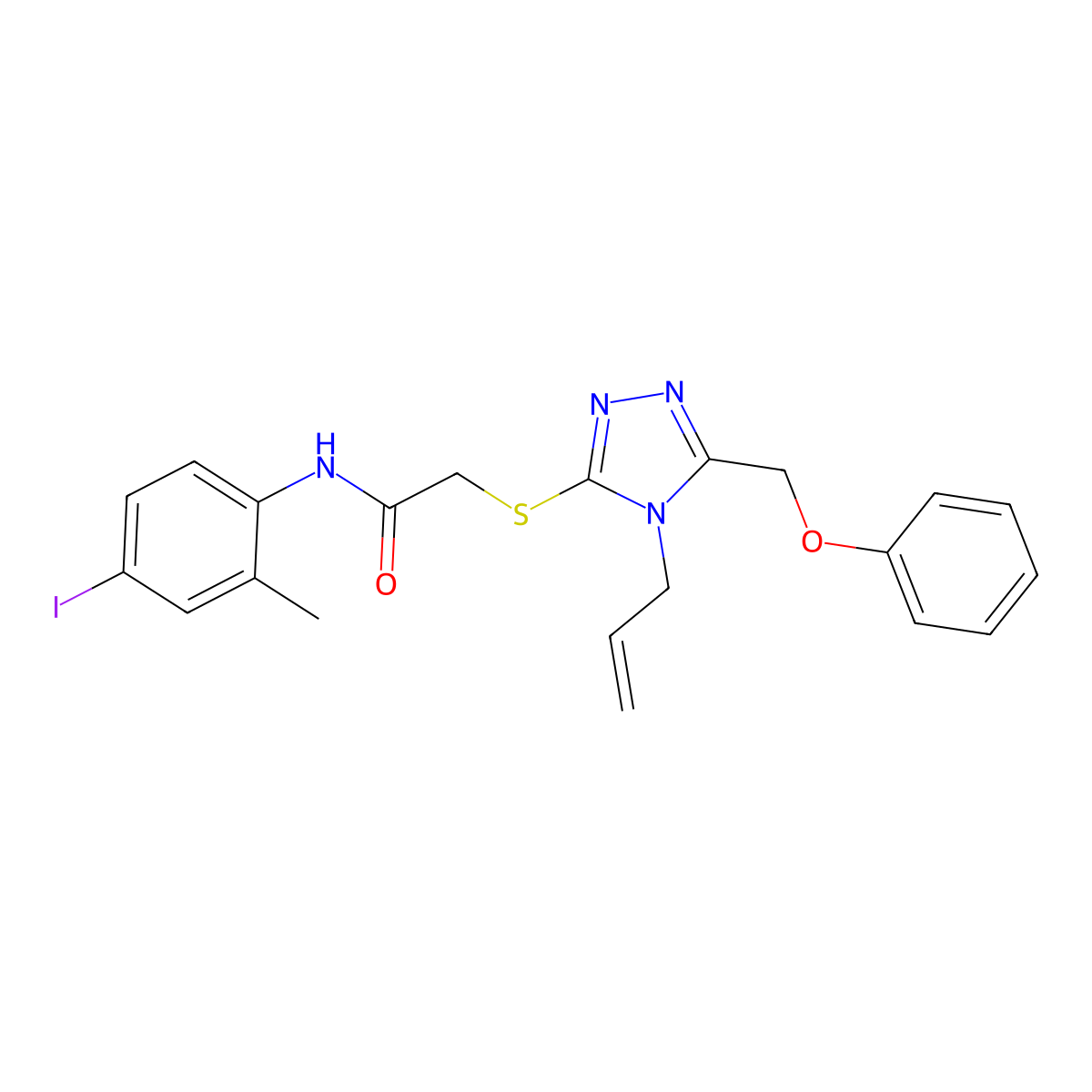 N-(4-iodo-2-methylphenyl)-2-[[5-(phenoxymethyl)-4-prop-2-enyl-1,2,4-triazol-3-yl]sulfanyl]acetamide molecular structure, CAS 706776-63-8