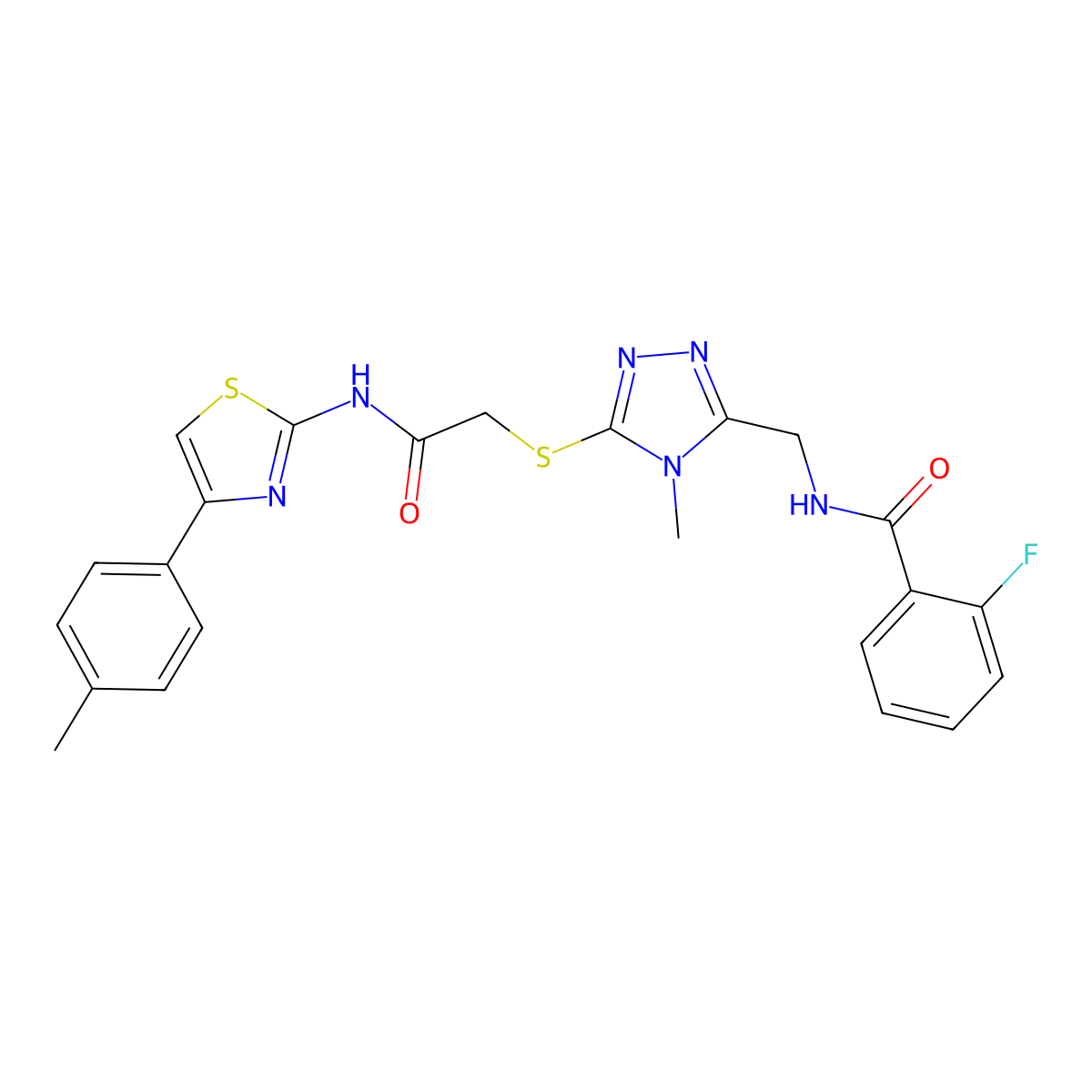 2-fluoro-N-[[4-methyl-5-[2-[[4-(4-methylphenyl)-1,3-thiazol-2-yl]amino]-2-oxoethyl]sulfanyl-1,2,4-triazol-3-yl]methyl]benzamide molecular structure, CAS 706777-27-7