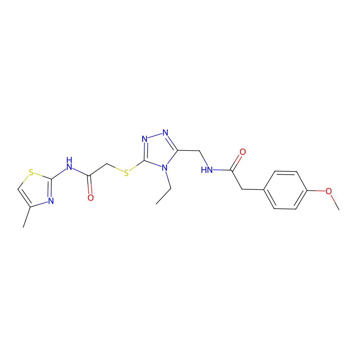 2-{[4-ethyl-5-({[(4-methoxyphenyl)acetyl]amino}methyl)-4H-1,2,4-triazol-3-yl]sulfanyl}-N-(4-methyl-1,3-thiazol-2-yl)acetamide molecular structure, CAS 706777-32-4