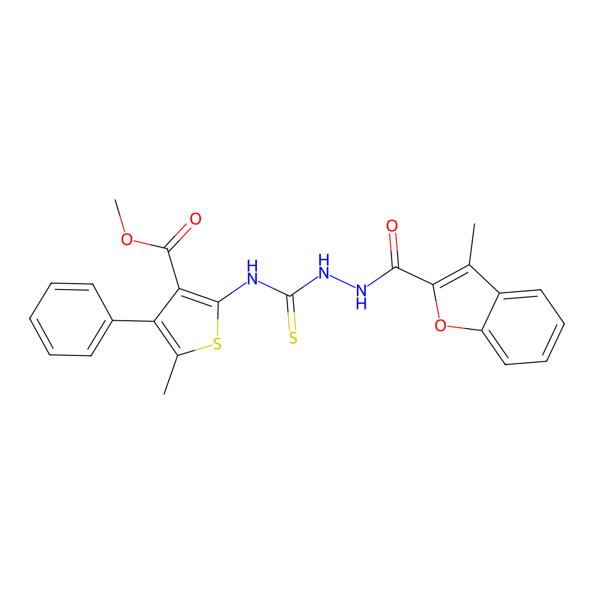 Methyl 5-methyl-2-[({2-[(3-methyl-1-benzofuran-2-yl)carbonyl]hydrazinyl}carbonothioyl)amino]-4-phenylthiophene-3-carboxylate molecular structure, CAS 706777-68-6
