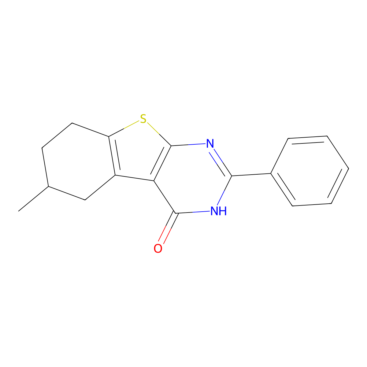 (1)Benzothieno(2,3-d)pyrimidin-4(1H)-one, 5,6,7,8-tetrahydro-6-methyl-2-phenyl- molecular structure, CAS 70733-11-8
