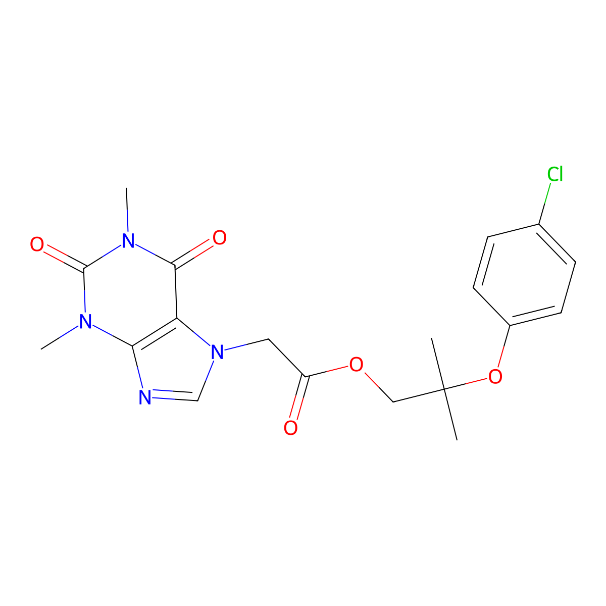 2-(4-Chlorophenoxy)-2-methylpropyl 1,2,3,6-tetrahydro-1,3-dimethyl-2,6-dioxo-7H-purine-7-acetate molecular structure, CAS 70788-27-1