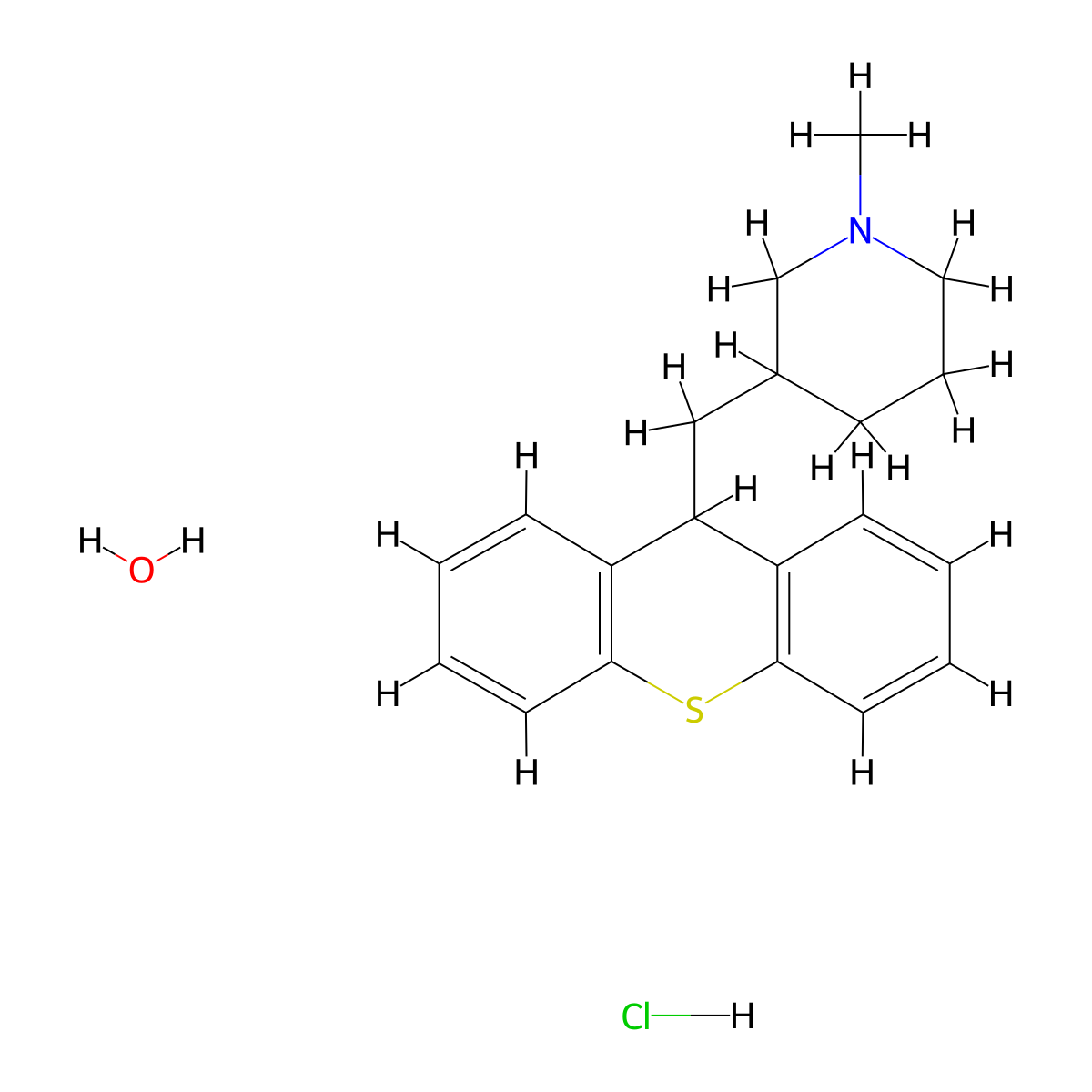 Piperidine, 1-methyl-3-(9H-thioxanthen-9-ylmethyl)-, hydrochloride, hydrate (1:1:1) molecular structure, CAS 7081-40-5
