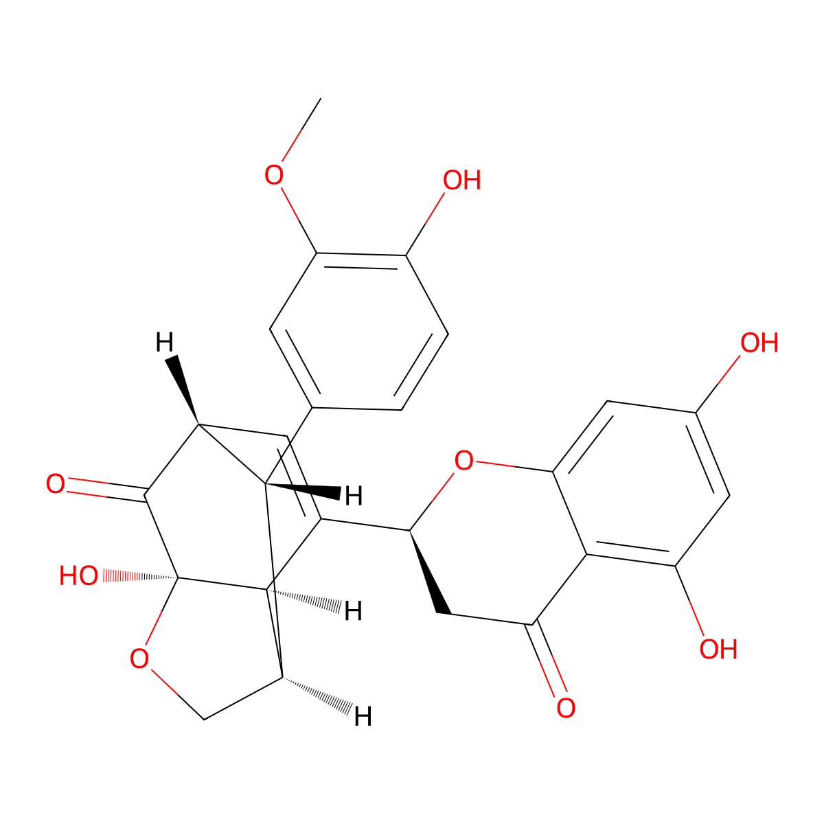 3,6-Methanobenzofuran-7(6H)-one, 4-(3,4-dihydro-5,7-dihydroxy-4-oxo-2H-1-benzopyran-2-yl)-2,3,3a,7a-tetrahydro-7a-hydroxy-8-(4-hydroxy-3-methoxyphenyl)-, (3R-(3alpha,3abeta,4(S*),6alpha,7abeta,8R*))- molecular structure, CAS 70815-31-5