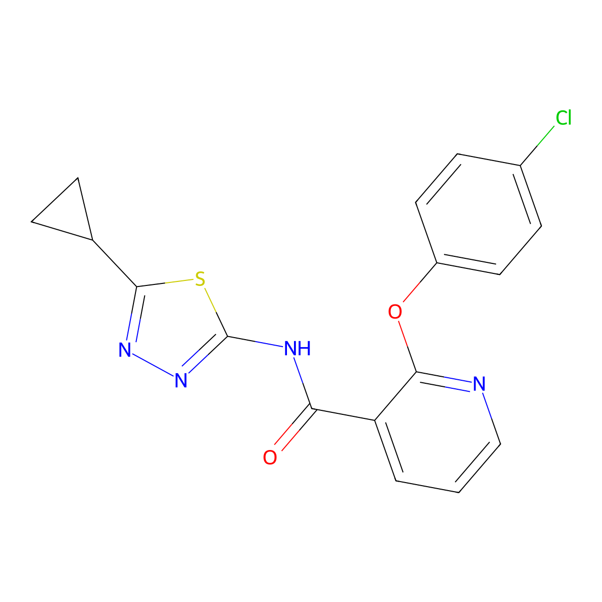 2-(4-chlorophenoxy)-N-(5-cyclopropyl-1,3,4-thiadiazol-2-yl)pyridine-3-carboxamide molecular structure, CAS 708210-06-4