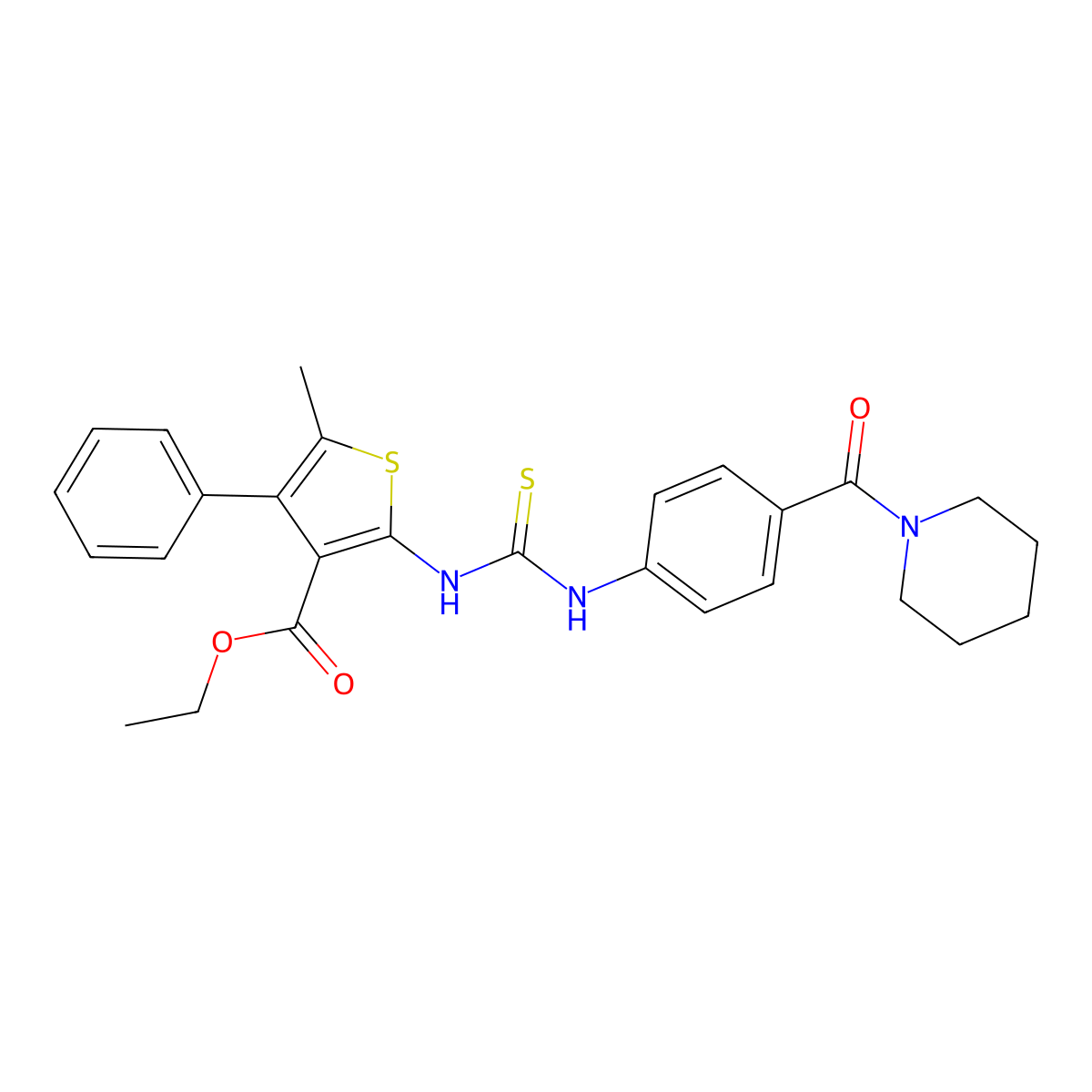 Ethyl 5-methyl-4-phenyl-2-({[4-(piperidin-1-ylcarbonyl)phenyl]carbamothioyl}amino)thiophene-3-carboxylate molecular structure, CAS 708213-95-0