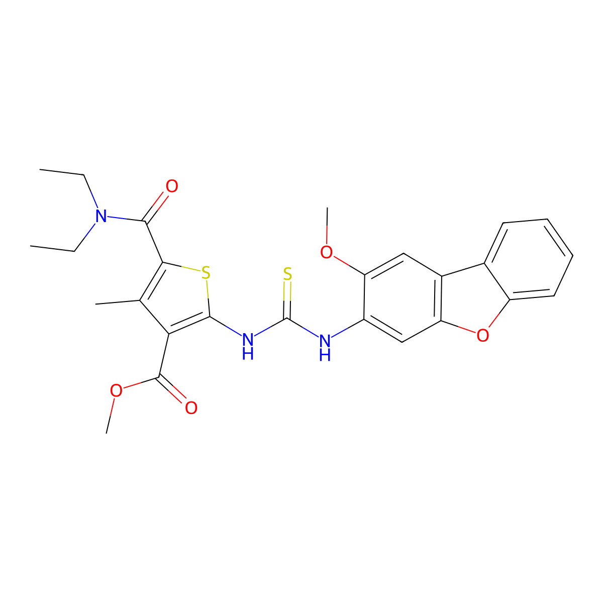 Methyl 5-(diethylcarbamoyl)-2-(3-(2-methoxydibenzo[b,d]furan-3-yl)thioureido)-4-methylthiophene-3-carboxylate molecular structure, CAS 708214-03-3