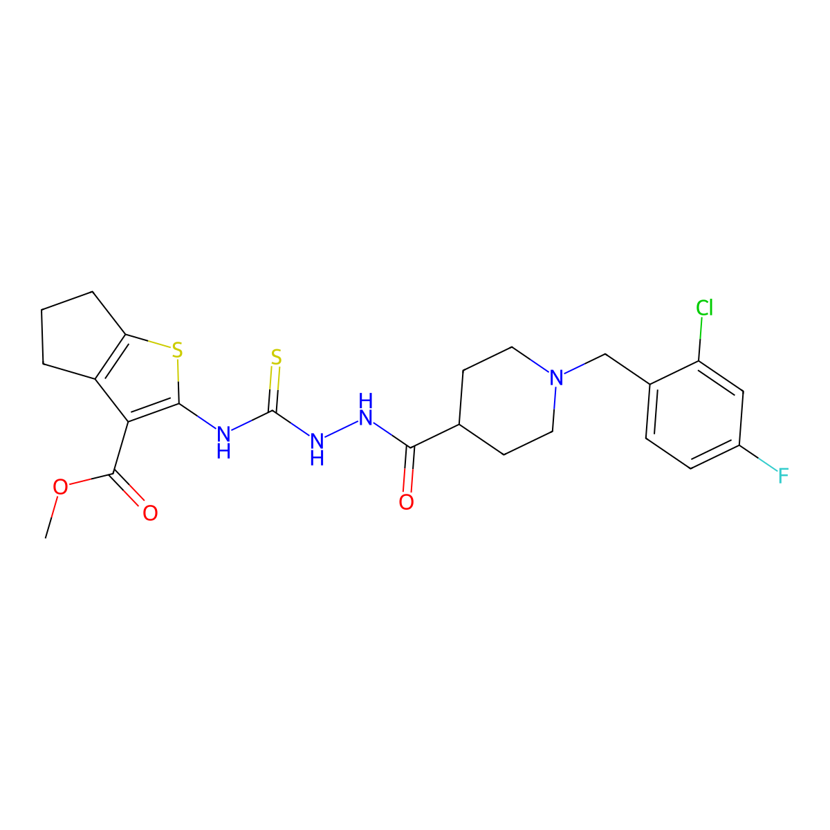 methyl 2-{[(2-{[1-(2-chloro-4-fluorobenzyl)piperidin-4-yl]carbonyl}hydrazinyl)carbonothioyl]amino}-5,6-dihydro-4H-cyclopenta[b]thiophene-3-carboxylate molecular structure, CAS 708214-83-9