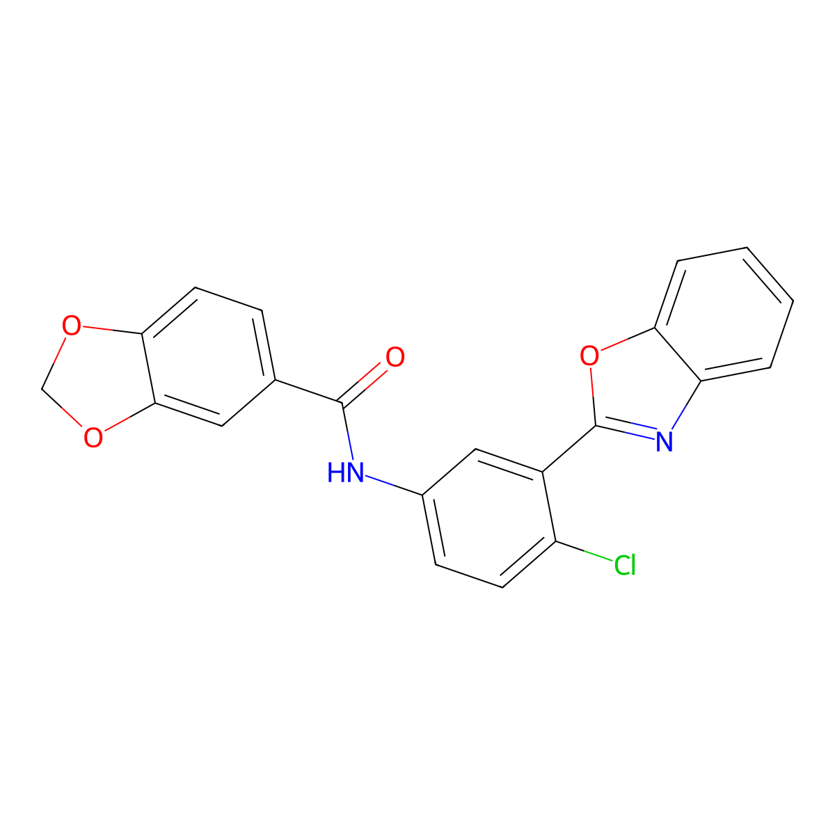 N-[3-(1,3-benzoxazol-2-yl)-4-chlorophenyl]-1,3-benzodioxole-5-carboxamide molecular structure, CAS 708215-27-4
