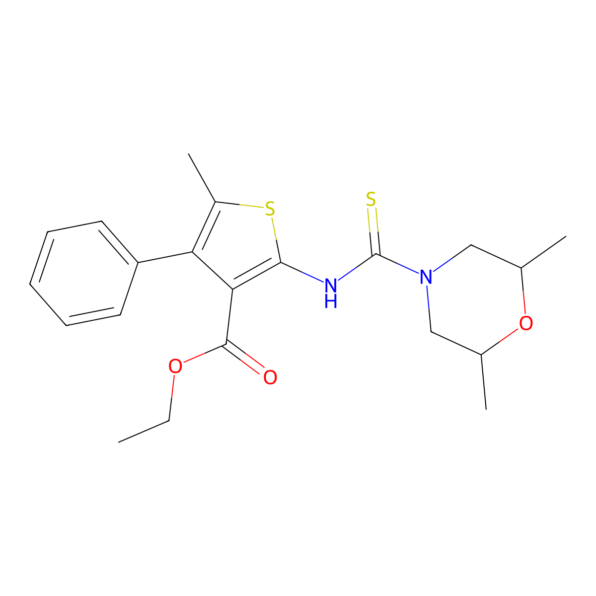 Ethyl 2-{[(2,6-dimethylmorpholin-4-yl)carbonothioyl]amino}-5-methyl-4-phenylthiophene-3-carboxylate molecular structure, CAS 708215-70-7