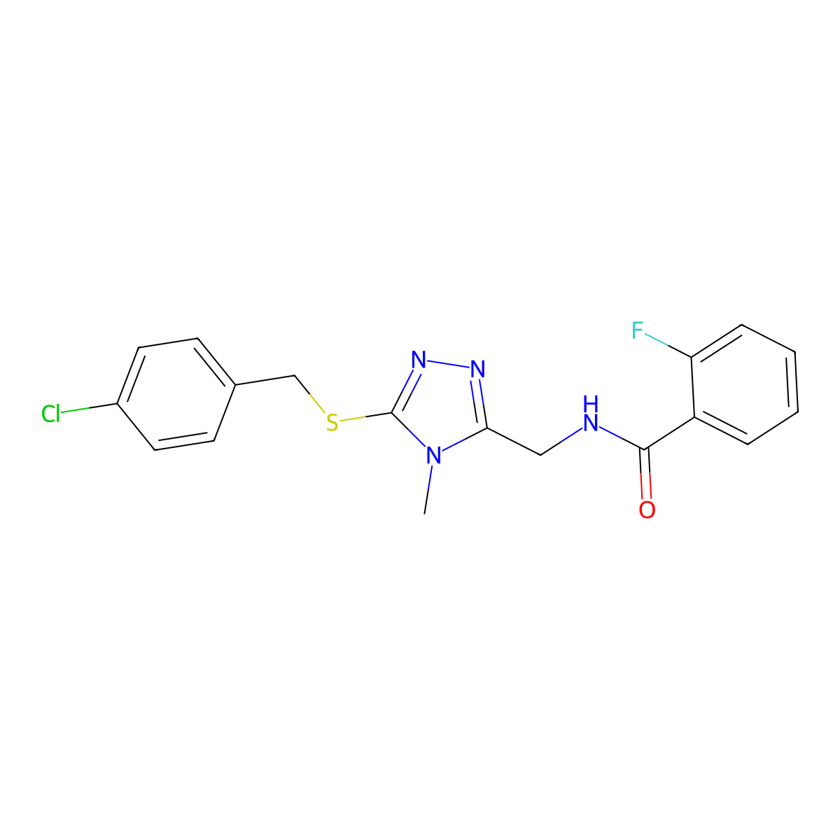 N-[[5-[(4-chlorophenyl)methylsulfanyl]-4-methyl-1,2,4-triazol-3-yl]methyl]-2-fluorobenzamide molecular structure, CAS 708215-77-4