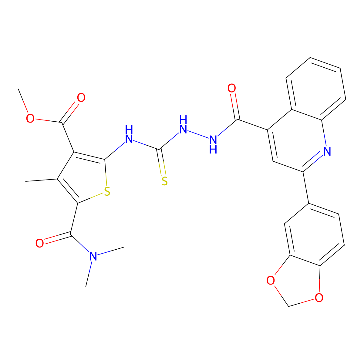 Methyl 2-{[(2-{[2-(1,3-benzodioxol-5-yl)quinolin-4-yl]carbonyl}hydrazinyl)carbonothioyl]amino}-5-(dimethylcarbamoyl)-4-methylthiophene-3-carboxylate molecular structure, CAS 708217-72-5