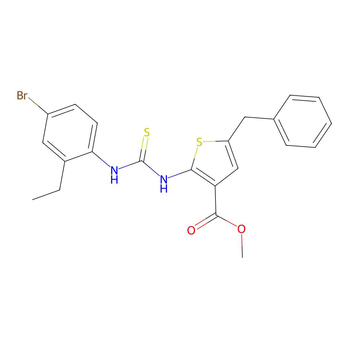 Methyl 5-benzyl-2-{[(4-bromo-2-ethylphenyl)carbamothioyl]amino}thiophene-3-carboxylate molecular structure, CAS 708218-54-6