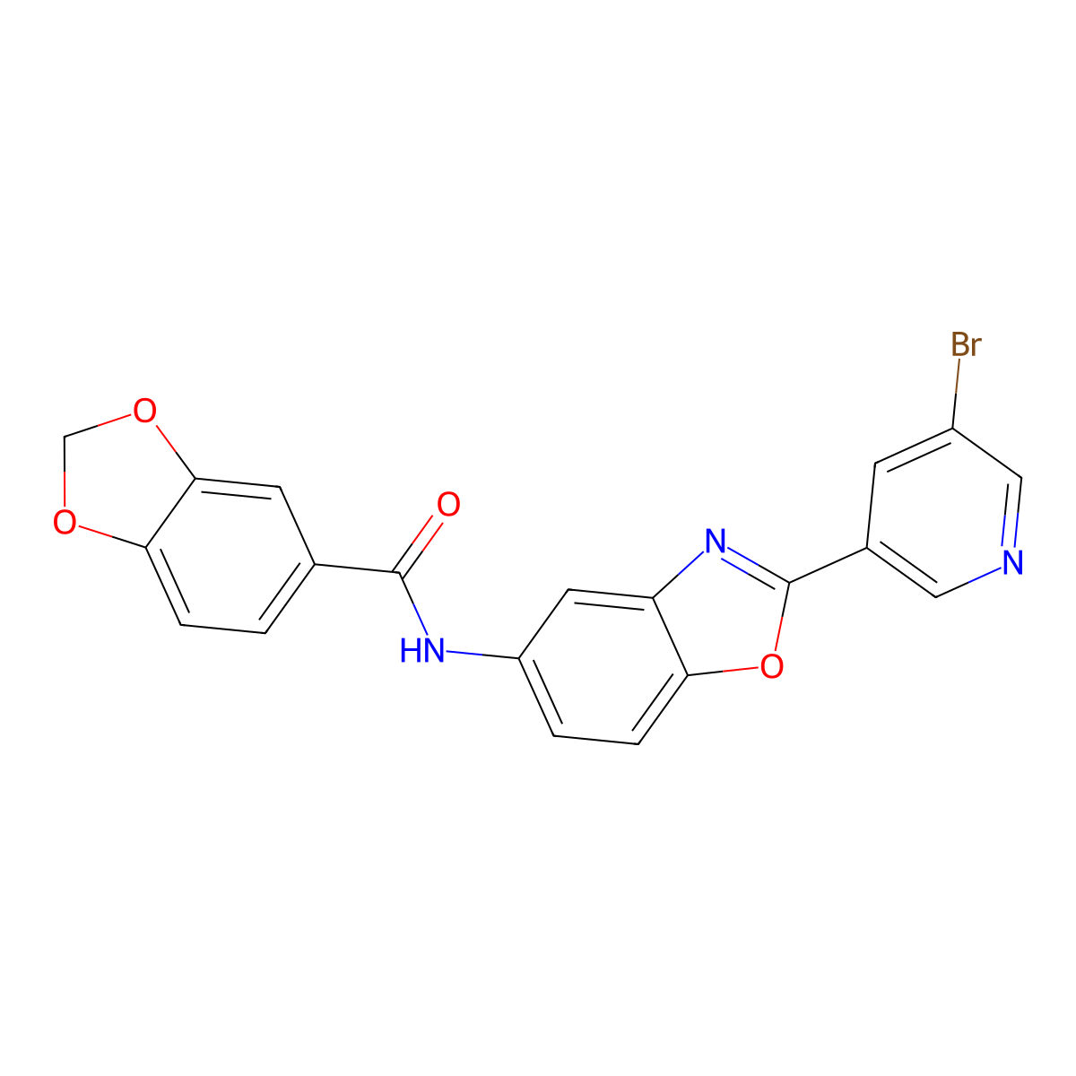 N-[2-(5-bromopyridin-3-yl)-1,3-benzoxazol-5-yl]-1,3-benzodioxole-5-carboxamide molecular structure, CAS 708218-74-0