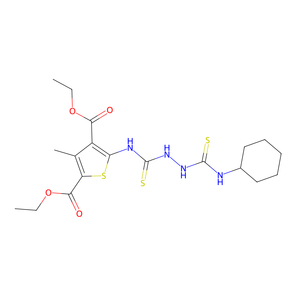 Diethyl 5-({[2-(cyclohexylcarbamothioyl)hydrazinyl]carbonothioyl}amino)-3-methylthiophene-2,4-dicarboxylate molecular structure, CAS 708218-88-6