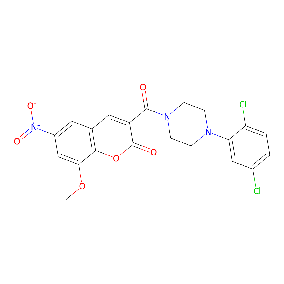 3-(4-(2,5-dichlorophenyl)piperazine-1-carbonyl)-8-methoxy-6-nitro-2H-chromen-2-one molecular structure, CAS 708219-44-7