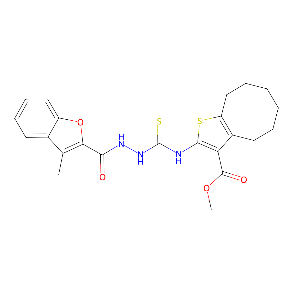 Methyl 2-[({2-[(3-methyl-1-benzofuran-2-yl)carbonyl]hydrazinyl}carbonothioyl)amino]-4,5,6,7,8,9-hexahydrocycloocta[b]thiophene-3-carboxylate molecular structure, CAS 708219-59-4