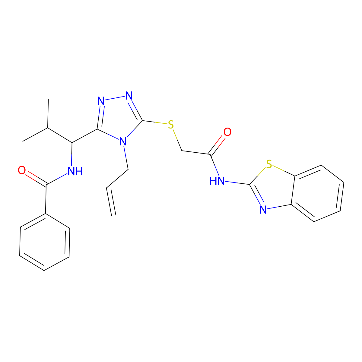 N-{1-[5-{[2-(1,3-benzothiazol-2-ylamino)-2-oxoethyl]sulfanyl}-4-(prop-2-en-1-yl)-4H-1,2,4-triazol-3-yl]-2-methylpropyl}benzamide molecular structure, CAS 708219-70-9