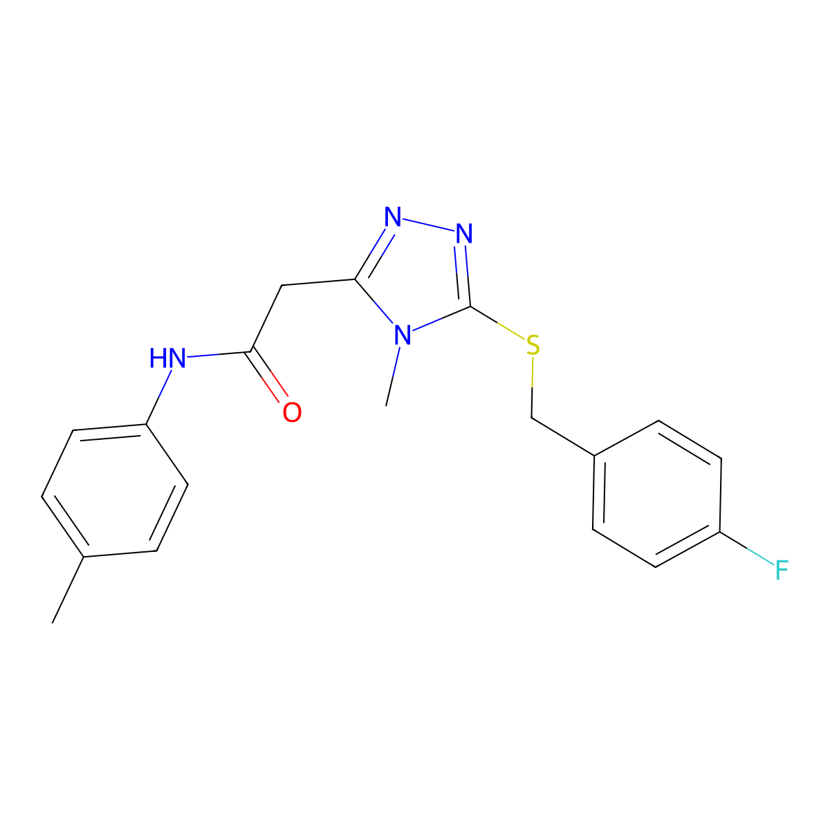2-[5-[(4-fluorophenyl)methylsulfanyl]-4-methyl-1,2,4-triazol-3-yl]-N-(4-methylphenyl)acetamide molecular structure, CAS 708220-43-3