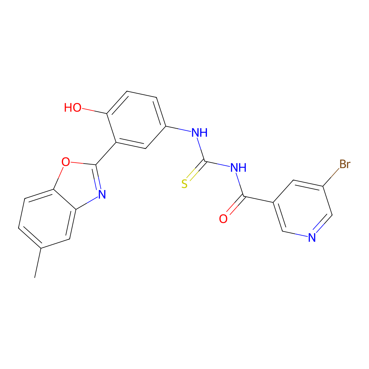 N-[(5-bromo-3-pyridinyl)carbonyl]-N'-[4-hydroxy-3-(5-methyl-1,3-benzoxazol-2-yl)phenyl]thiourea molecular structure, CAS 708220-62-6