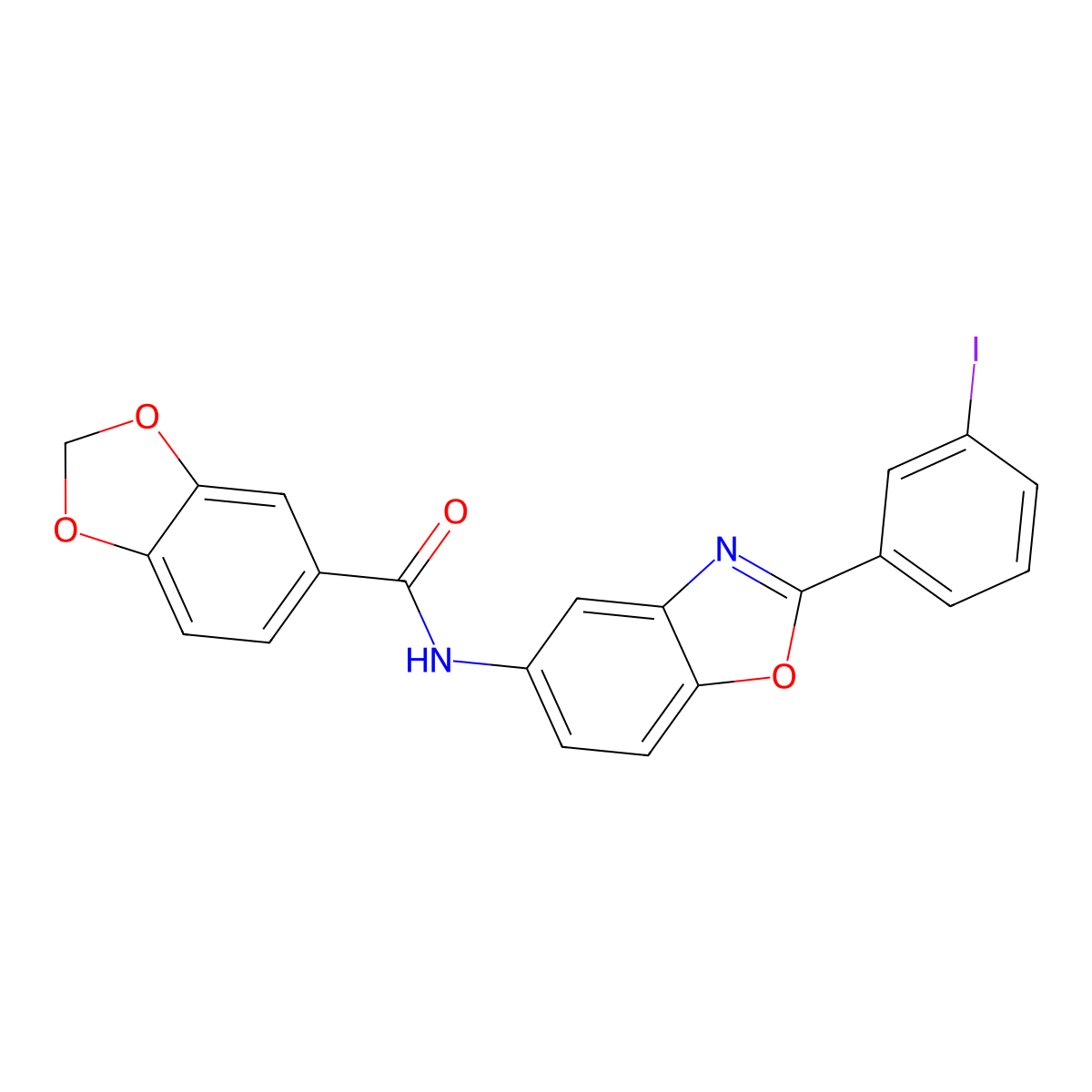 N-[2-(3-iodophenyl)-1,3-benzoxazol-5-yl]-1,3-benzodioxole-5-carboxamide molecular structure, CAS 708222-23-5