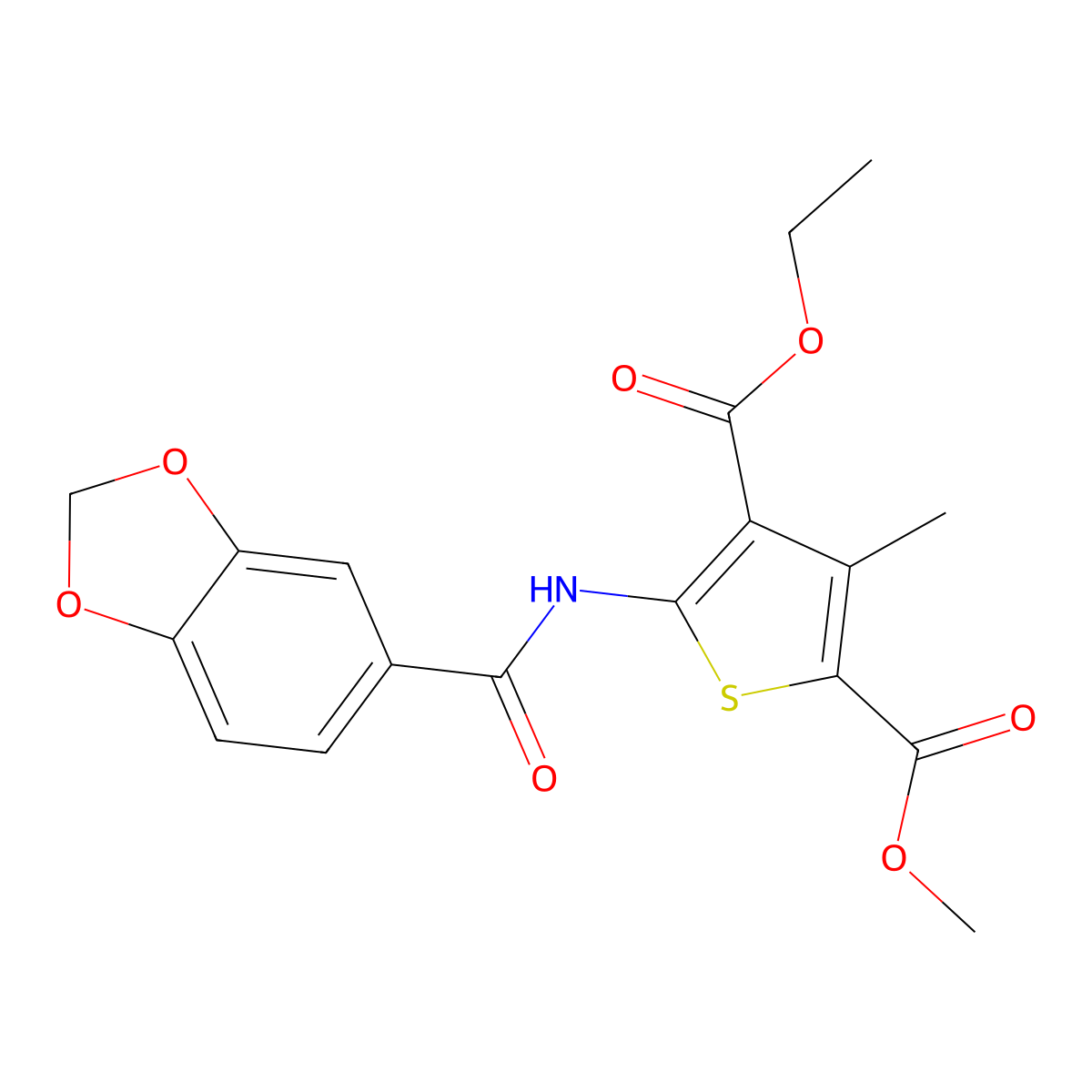 4-Ethyl 2-methyl 5-[(1,3-benzodioxol-5-ylcarbonyl)amino]-3-methylthiophene-2,4-dicarboxylate molecular structure, CAS 708222-97-3
