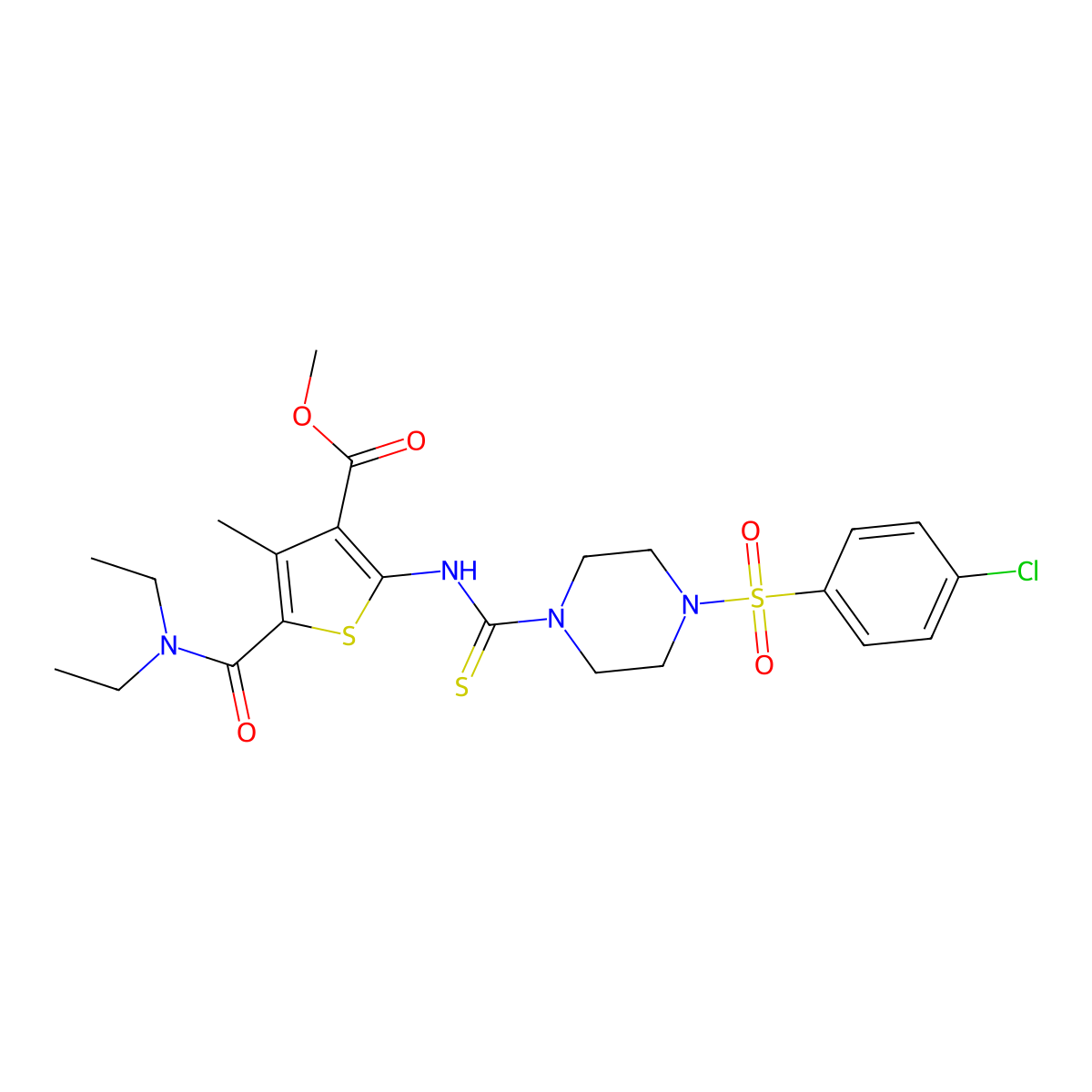 Methyl 2-[({4-[(4-chlorophenyl)sulfonyl]piperazin-1-yl}carbonothioyl)amino]-5-(diethylcarbamoyl)-4-methylthiophene-3-carboxylate molecular structure, CAS 708223-27-2