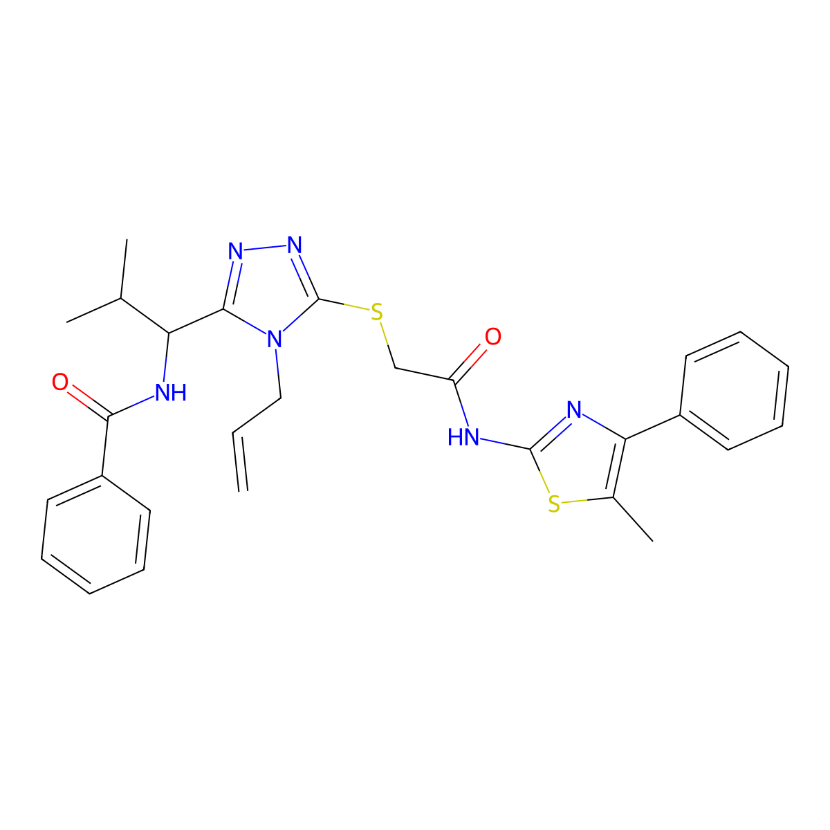 N-[2-methyl-1-[5-[2-[(5-methyl-4-phenyl-1,3-thiazol-2-yl)amino]-2-oxoethyl]sulfanyl-4-prop-2-enyl-1,2,4-triazol-3-yl]propyl]benzamide molecular structure, CAS 708223-75-0