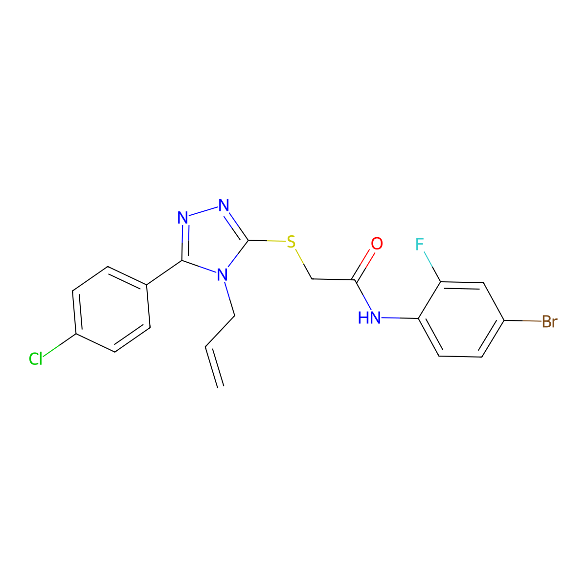 N-(4-bromo-2-fluorophenyl)-2-[[5-(4-chlorophenyl)-4-prop-2-enyl-1,2,4-triazol-3-yl]sulfanyl]acetamide molecular structure, CAS 708224-04-8