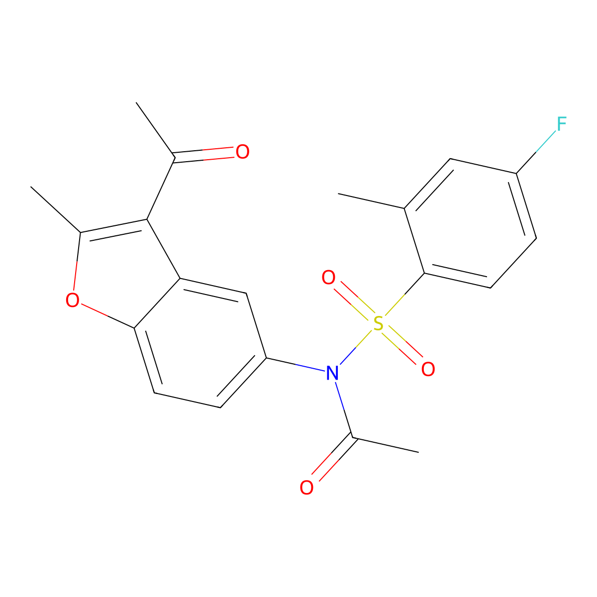 N-(3-acetyl-2-methyl-1-benzofuran-5-yl)-N-(4-fluoro-2-methylphenyl)sulfonylacetamide molecular structure, CAS 708225-36-9