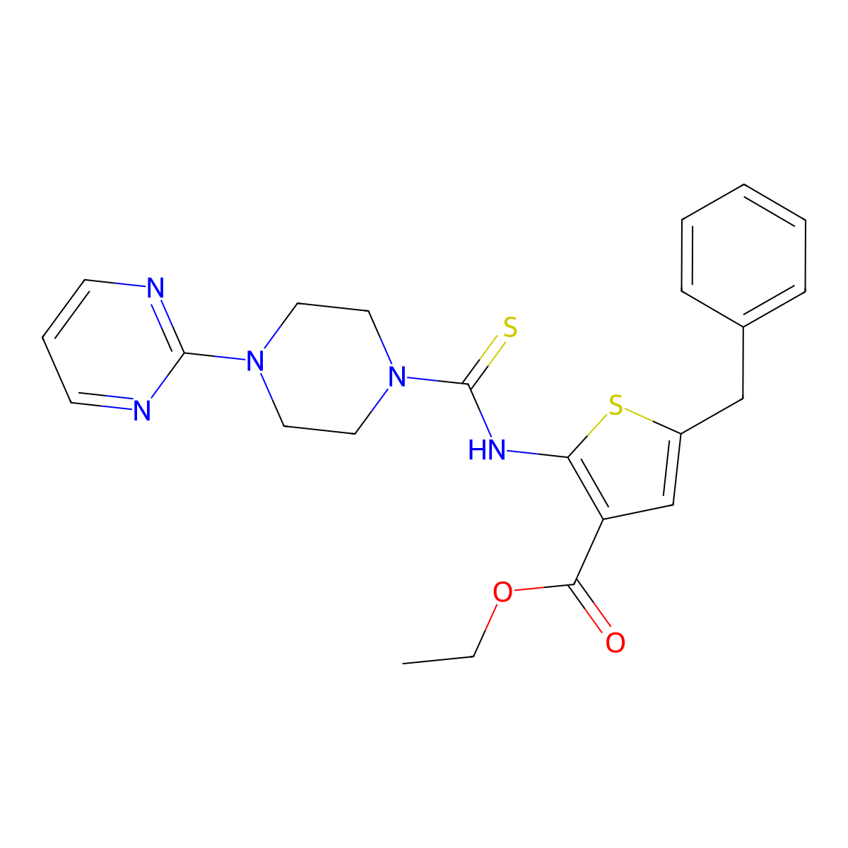 Ethyl 5-benzyl-2-({[4-(pyrimidin-2-yl)piperazin-1-yl]carbonothioyl}amino)thiophene-3-carboxylate molecular structure, CAS 708226-52-2